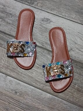 Women's Brown Slide Sandals with Silver & Multicolor Gem Strap